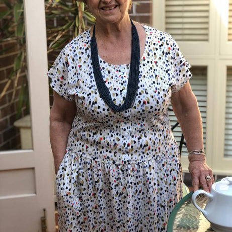 Multi Dot Drop Waist Dress With Short Sleeves & Pockets