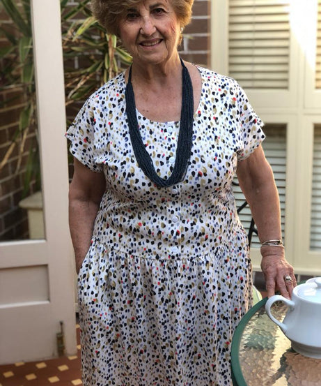 Multi Dot Drop Waist Dress With Short Sleeves & Pockets