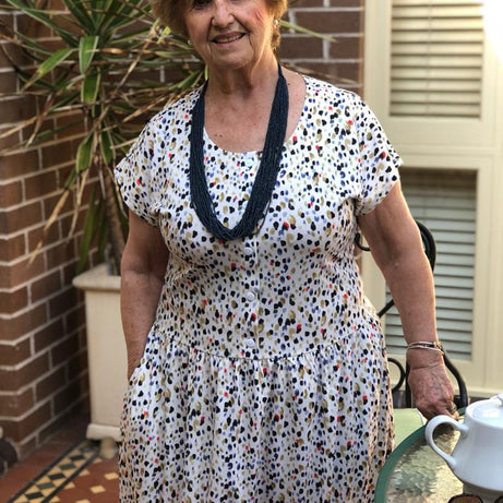 Multi Dot Drop Waist Dress With Short Sleeves & Pockets
