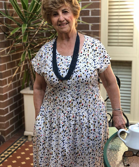 Multi Dot Drop Waist Dress With Short Sleeves & Pockets